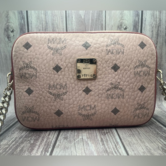 MCM Visetos Mini Camera Crossbody Bag Powder Pink Leather Chain Strap - Picture 7 of 16